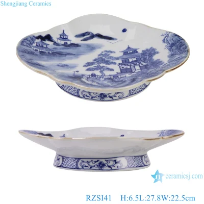 Jingdezhen-plato cerámico para fruta, base alta, diseño de paisaje de porcelana azul y blanca, flor, forma ovalada